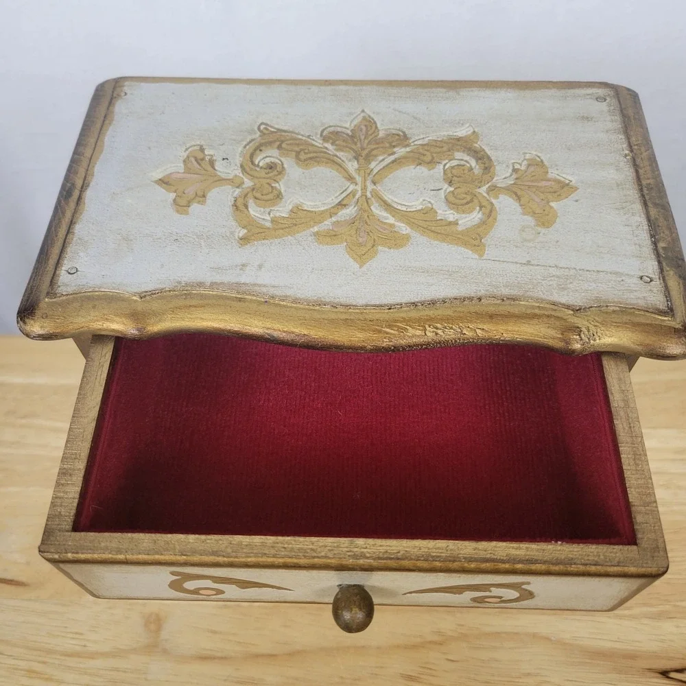 Vintage Florentine Musical Jewelry Box Gold Gilt Wood 3 Drawer Italian Style